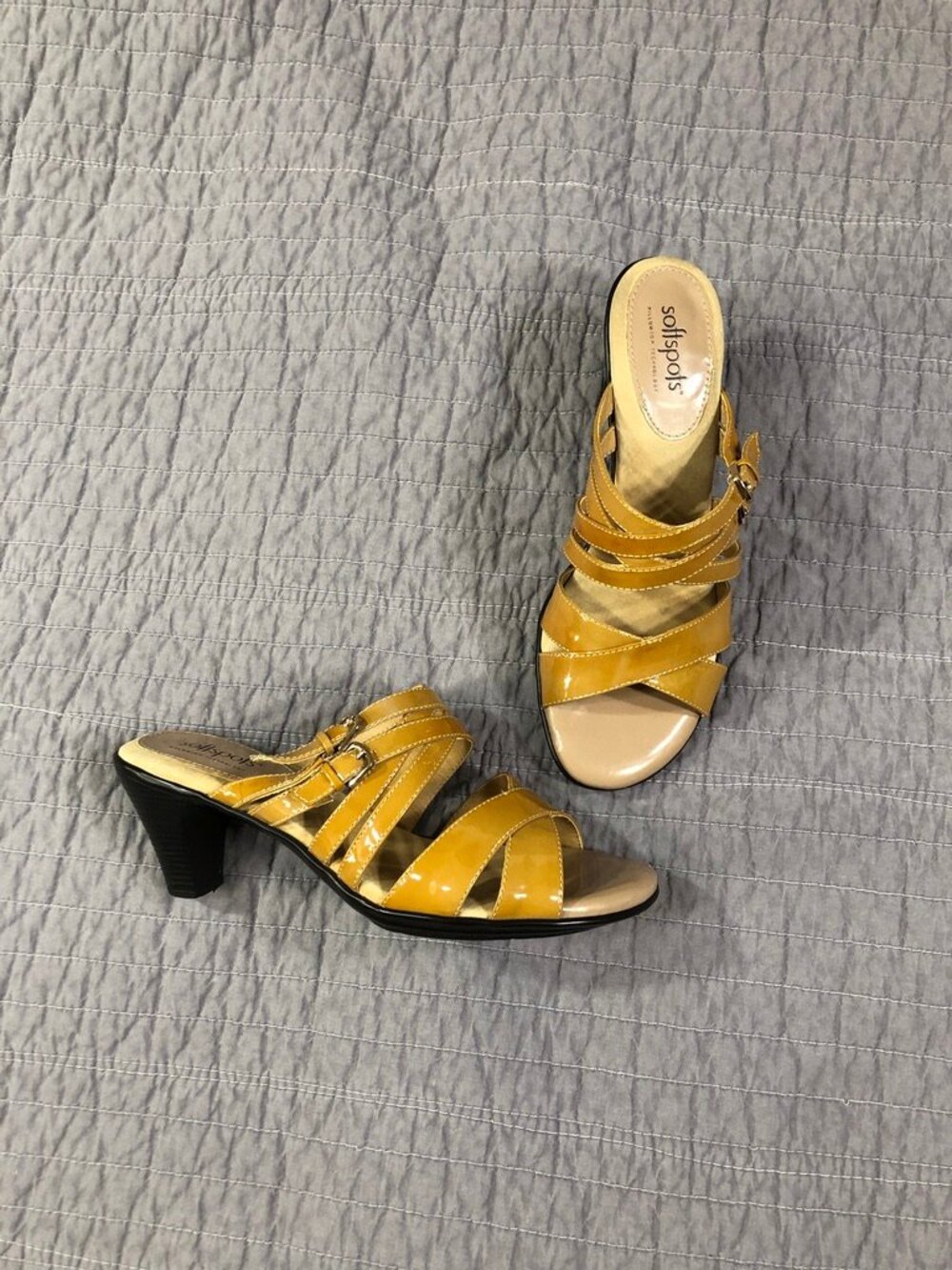 Softspots Heeled Sandals Women 8 Mustard Yellow Patent Leather Mule Slides